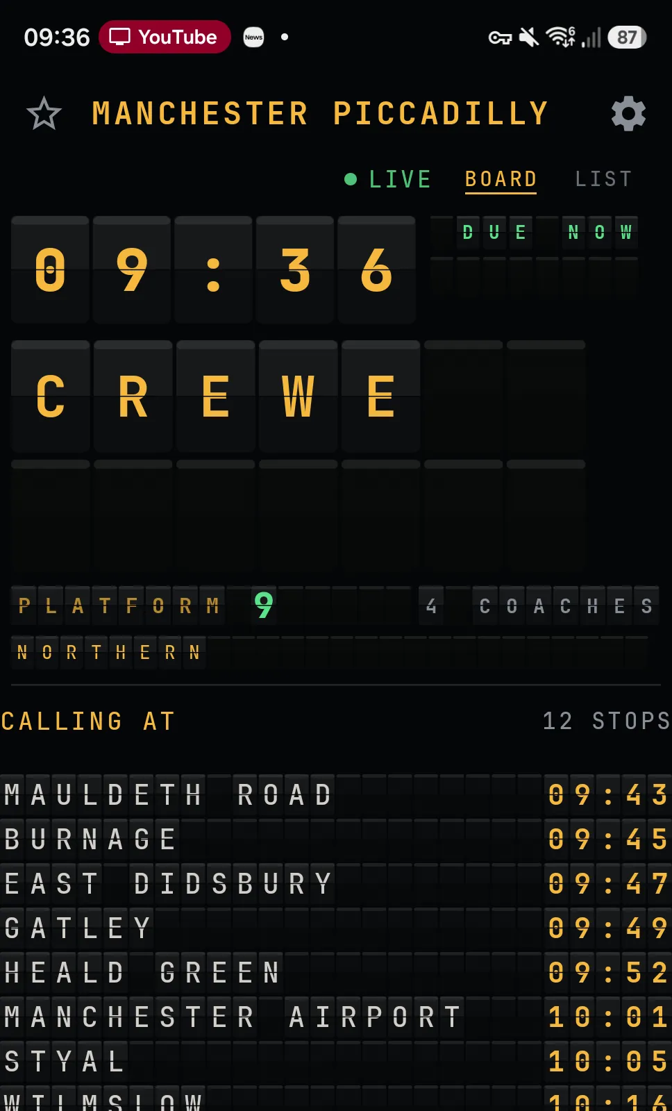 Calling At Board view showing a live departure to Crewe from Manchester Piccadilly, platform 9, calling at 12 stops