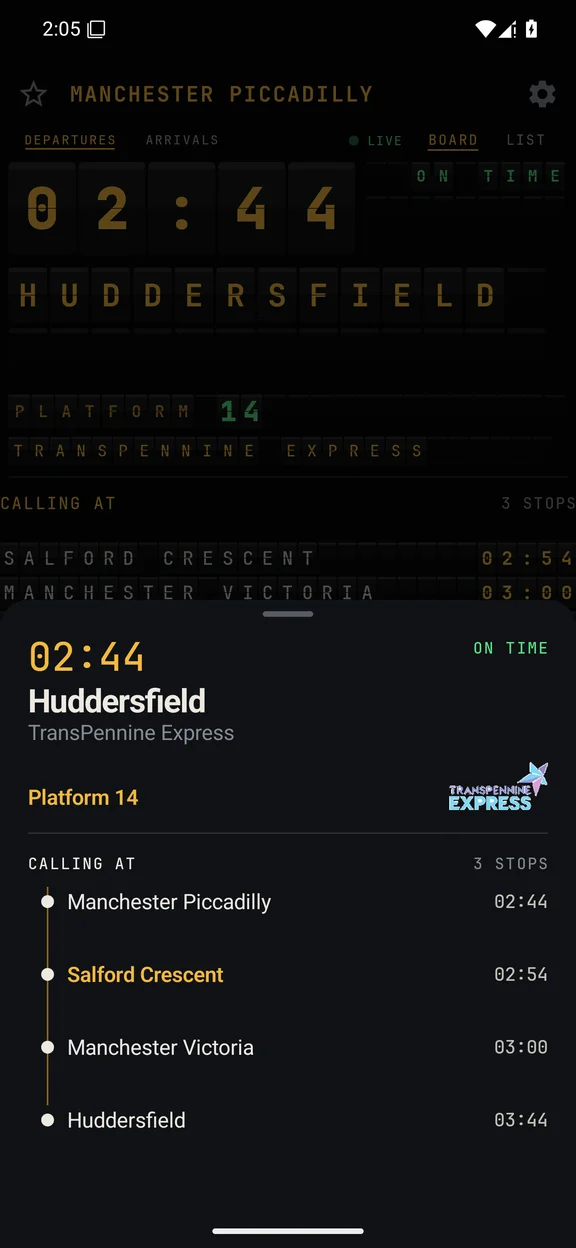 A real Calling At service detail screen showing the train’s route and calling-point information.