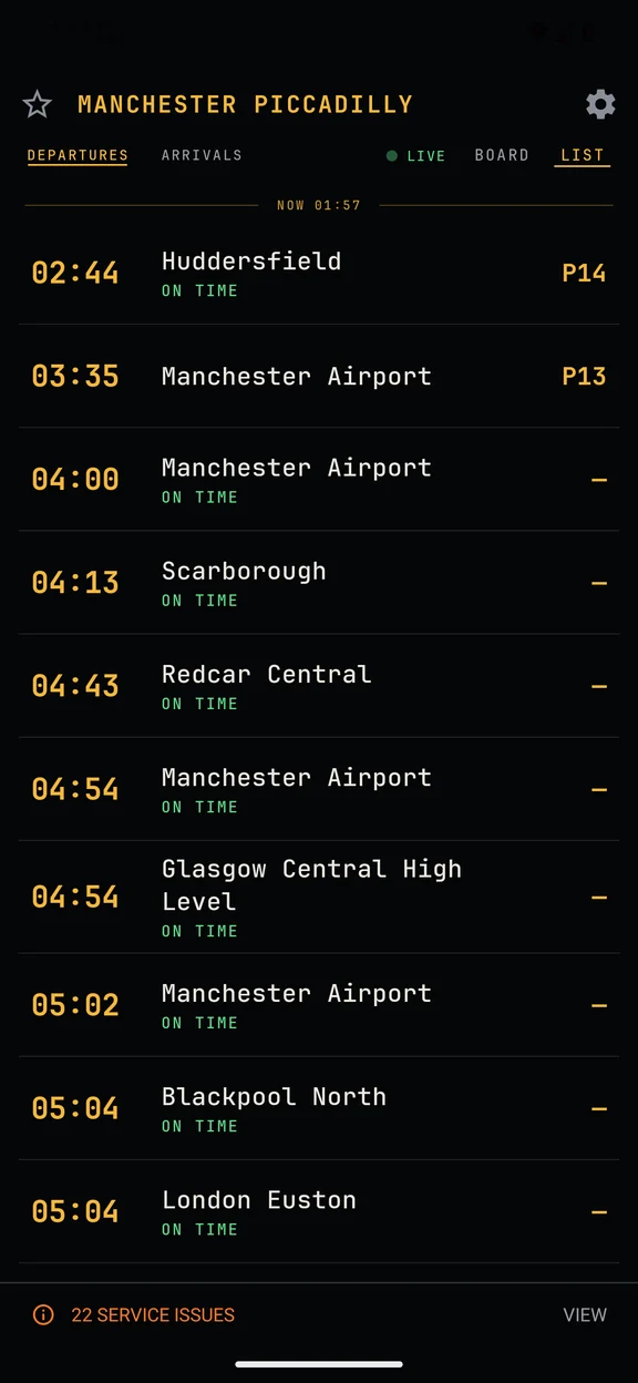 The current Calling At List view showing departure times, destinations, platforms and live status.