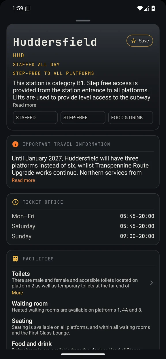 A real Calling At station profile with station facilities and passenger information.