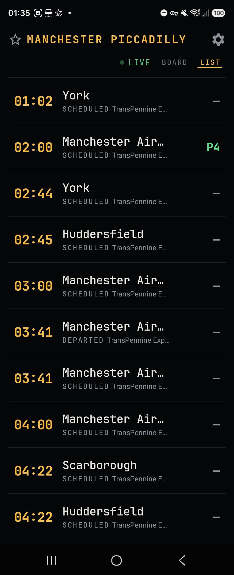 List view showing upcoming departures from Manchester Piccadilly with times, platforms and status