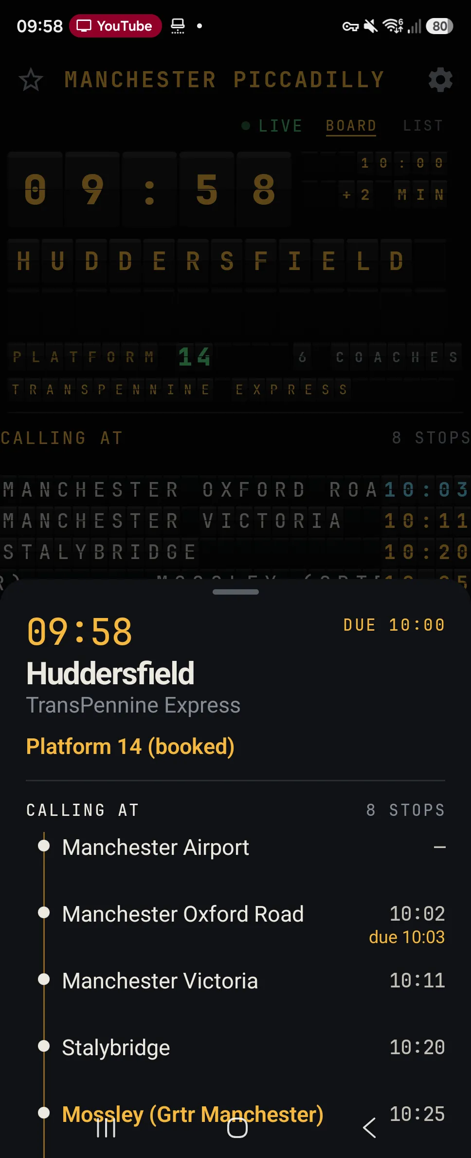 Service detail sheet for the 09:58 to Huddersfield showing calling points, platform and live progress