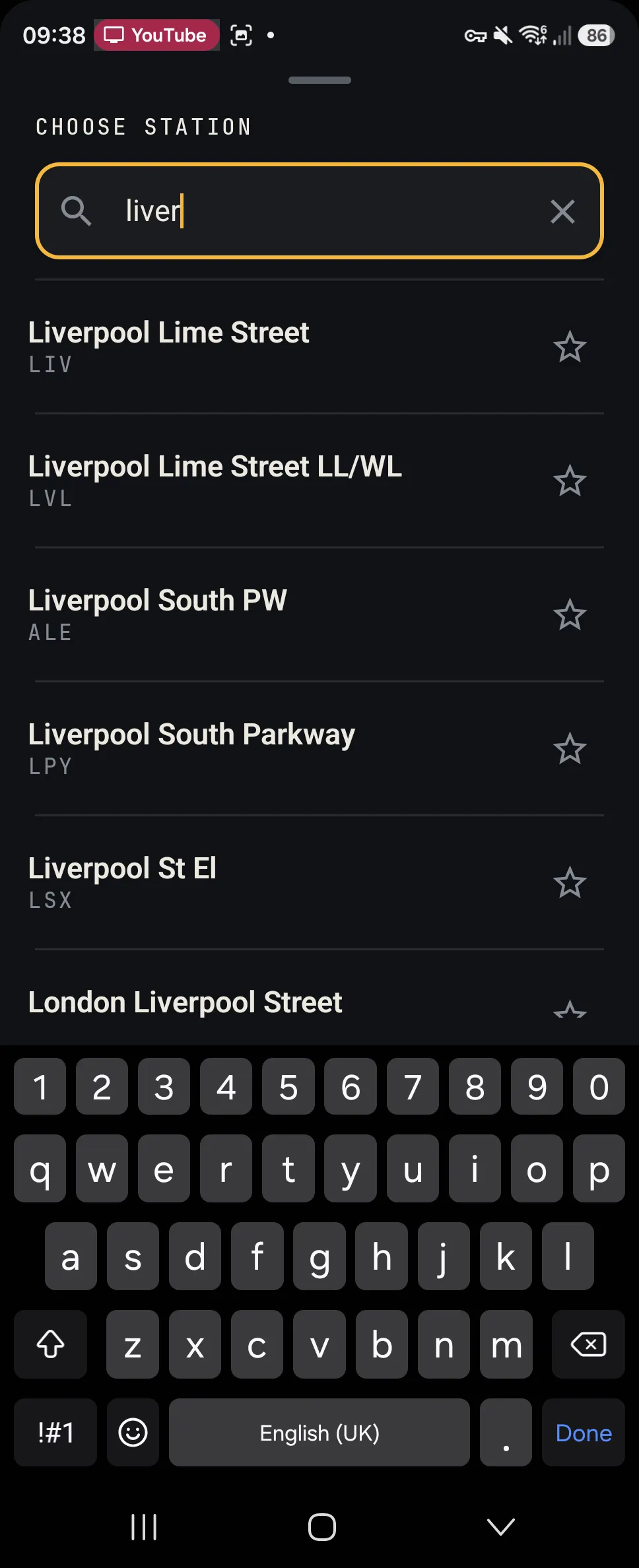 Station search results for the query 'liver' showing Liverpool stations